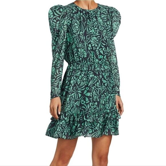 Tanya Taylor Telissa Ruffle Dress Green Navy Print Silk Dress Size 2 - Picture 16 of 16